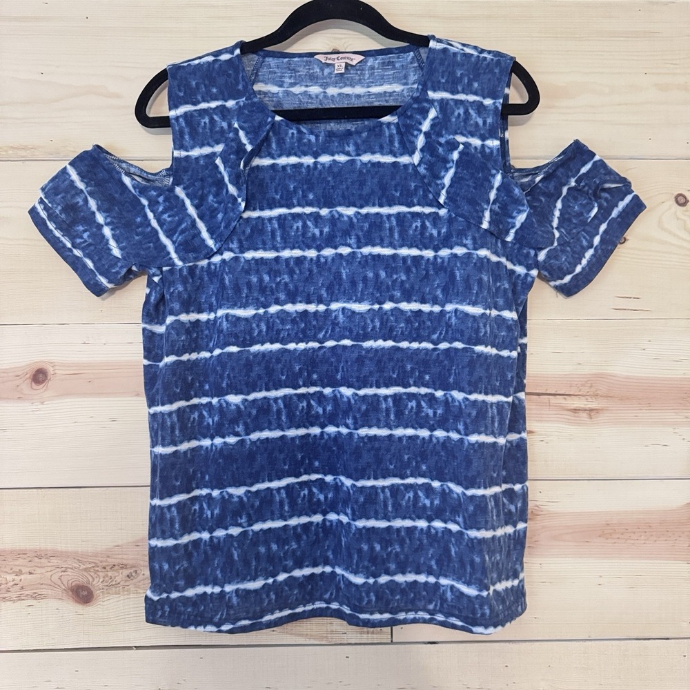 Juicy Couture Womens XL Blue‎ Striped Cold Shoulder Top Tie Dye Polyester